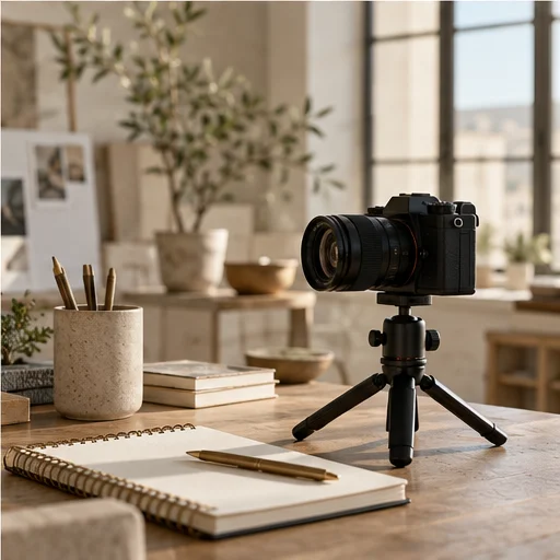 Warm neutral creative workspace with camera and planning materials